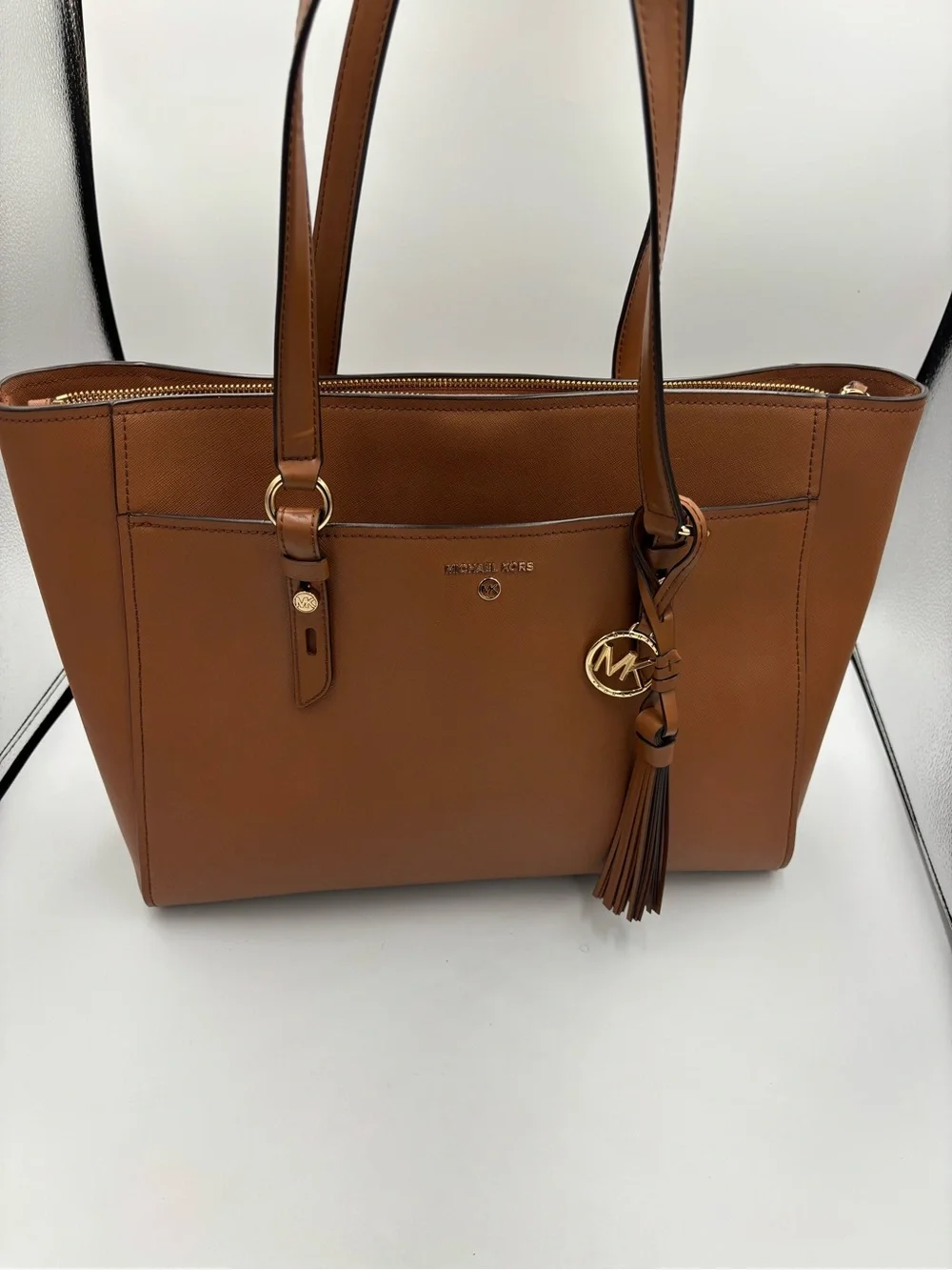 Michael Kors Large Brown Leather Tote Shoulder Bag Gold MK Charm Tassel